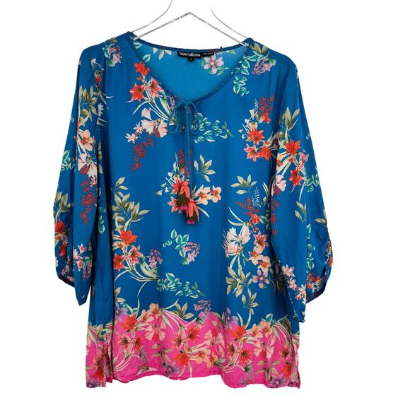 Tolani Collection blouse women's large peasant blue tropical floral modal boho - Picture 1 of 10